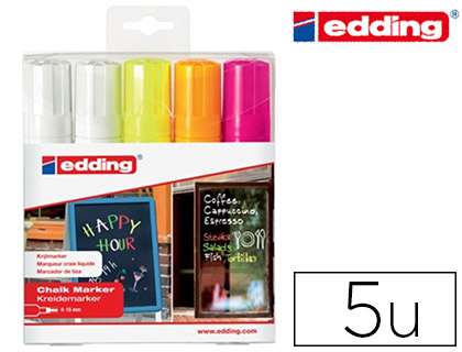 Marqueur edding craie liquide e4090 fenêtre ardoise verre pointe biseautée tracé 4/15mm assortis fluor pochette 5 unités