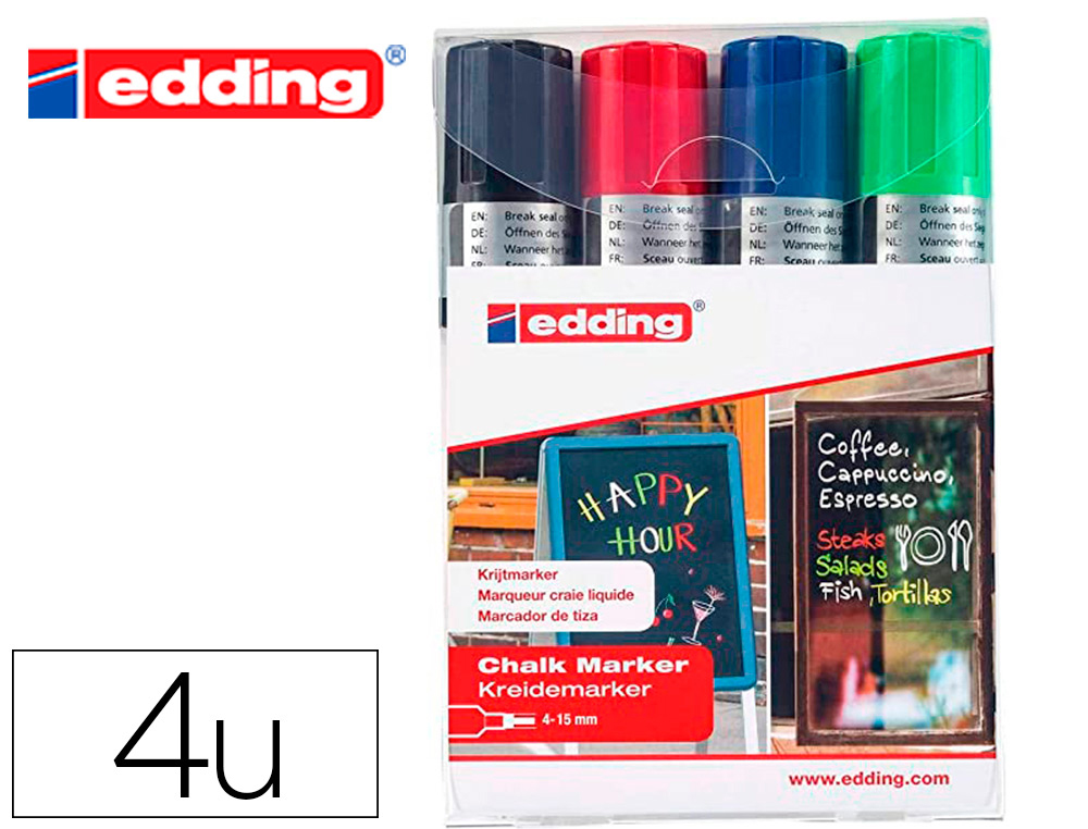 Marqueur edding craie liquide e4095 fenêtre ardoise verre pointe ogive 2 à 3mm assortis pochette 4 unités