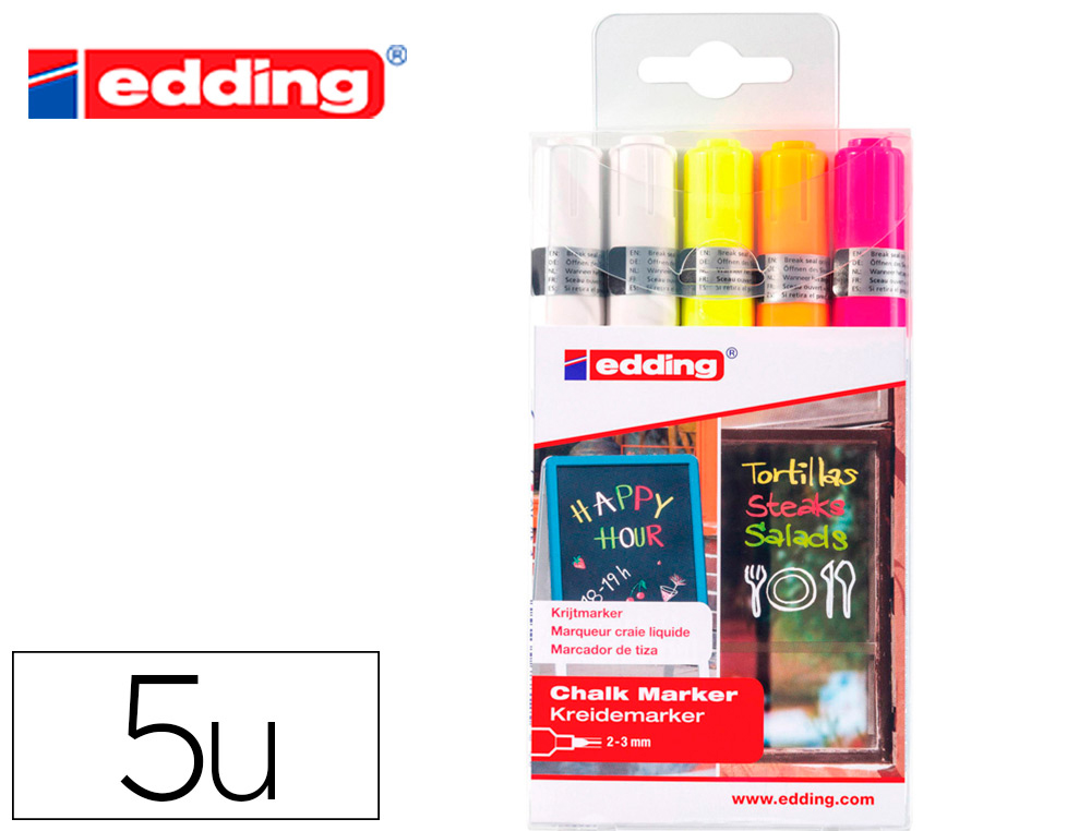 Marqueur edding craie liquide e4095 fenêtre ardoise verre pointe ogive 2 á 3mm assortis fluor pochette 5 unités