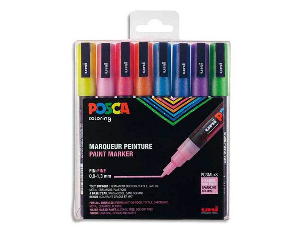 Marqueur posca pc3m gouache encre inodore toutes surfaces pointe fine conique coloris assortis pailletees 8 unités
