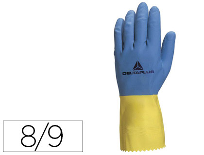 Gant ménage deltaplus latex floqué longueur 30cm épaisseur 0.60mm coloris bleu/jaune taille 8/9 paire