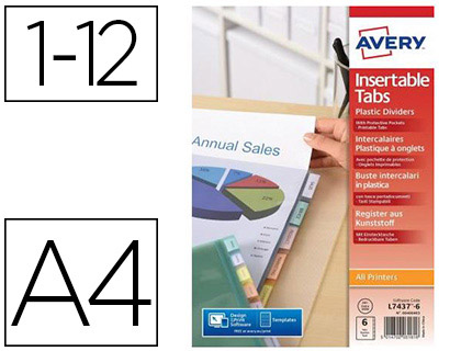 Pochette intercalaire avery pp 180 microns 12 touches ultra-résistantes onglet personnalisable coloris transparent