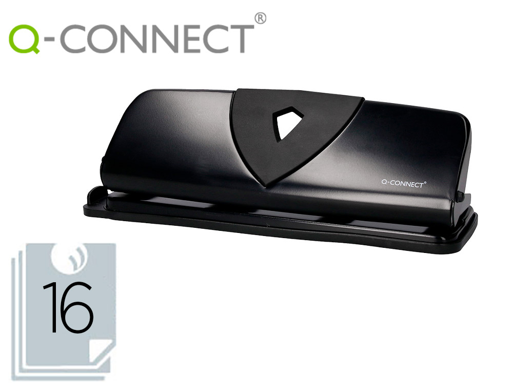 Perforateur q-connect métal et plastique capacité perforation 16f 4 trous coloris noir 280x110mm