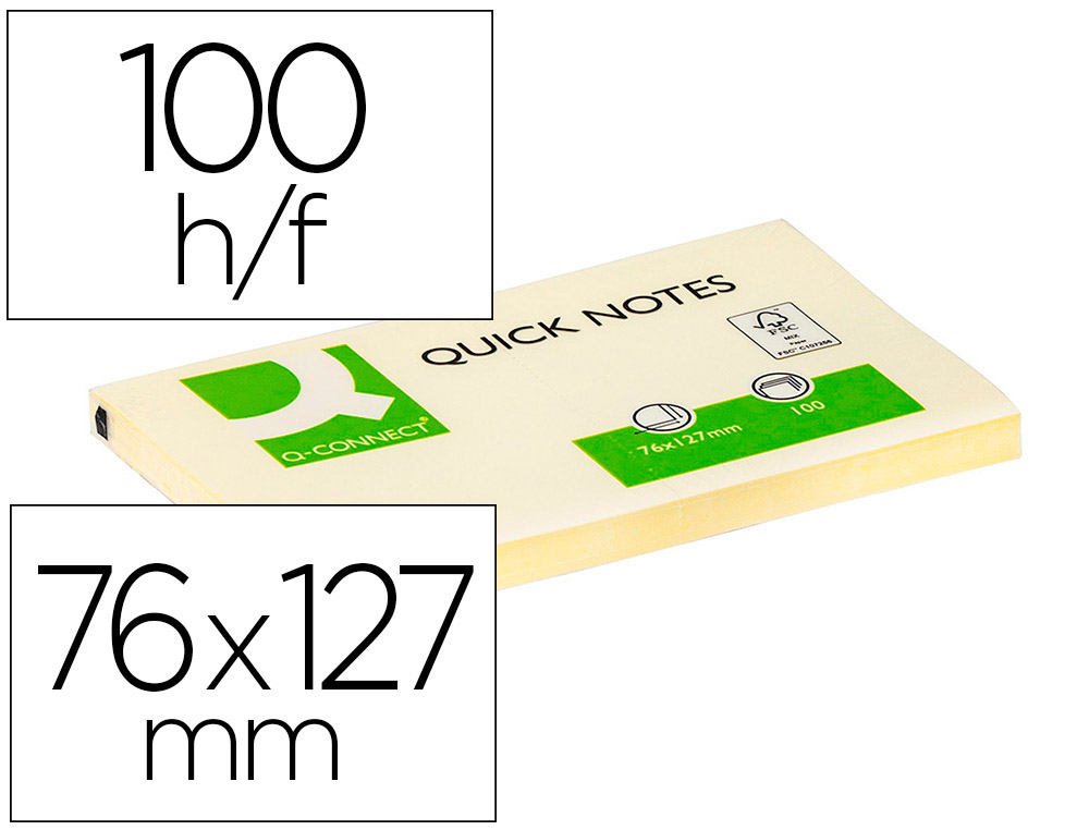 Bloc-notes q-connect quick notes 76x127mm 1 bloc 100f repositionnables coloris jaune