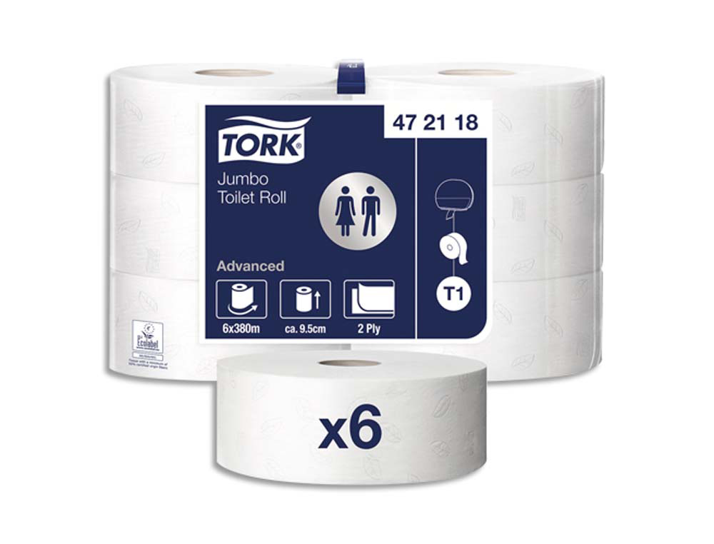 Papier toilette tork jumbo t1 rouleau maxi 360m 9,4cmlarge mandrin 6cm double épaisseur feuille laurier ecolabel pack 6u