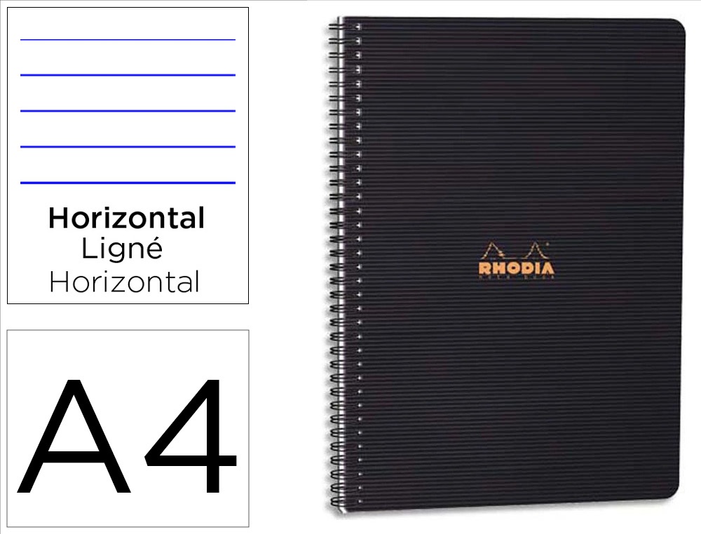 Cahier rhodiactive notebook reliure intégrale noire couverture pp a4+ 22,5x29,7cm 160 pages 90g ligné microperforé