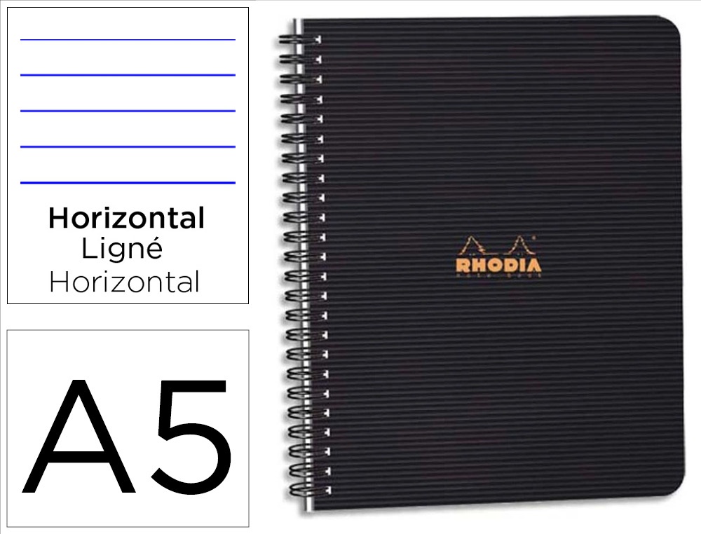 Cahier rhodiactive notebook reliure intégrale noire couverture pp a5+ 16x21cm 160 pages 90g ligné microperforé
