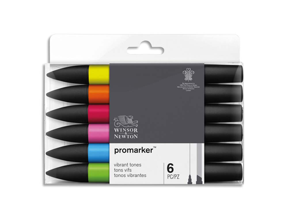 Marqueur professionnel w&n promarker double pointe tons vibrants jaune mandarine pavot cerise cyan vert vif set 6 unités