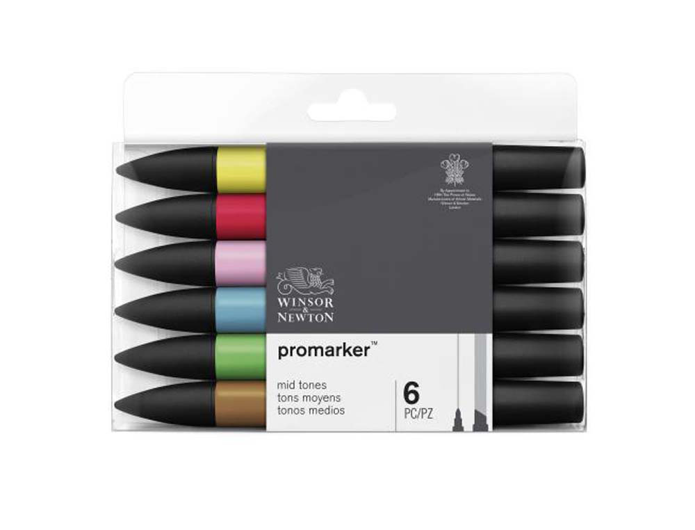Marqueur professionnel w&n promarker double pointe tons moyens jaune/tulipe/rouge/oeillet rose/bleu chine/cacao 6 unités