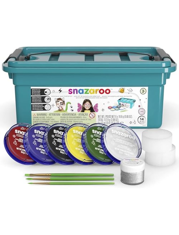 Maquillage snazaroo spécial fêtes 10 couleurs classiques 2 nacrées 2 gels pailletés 2 pinceaux 4 éponges palette