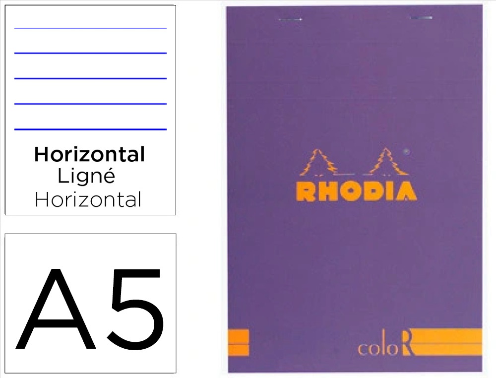 Bloc agrafé rhodia color n.16 a5 14.8x21cm couverture pelliculée violet 70f 90g ligné microperforé violet