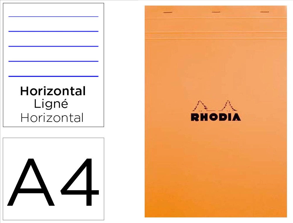 Bloc bureau rhodia a4+ papier vélin surfin couverture enduite enveloppante 210x320mm 80f détachables 80g ligné orange