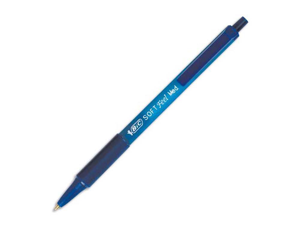 Stylo-bille bic soft feel pointe moyenne 1mm rétractable clip grip corps caoutchouc couleur bleu