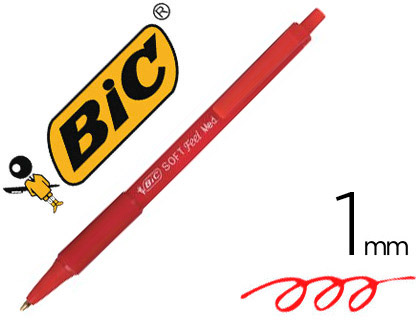 Stylo-bille bic soft feel pointe moyenne 1mm rétractable clip grip corps caoutchouc couleur rouge