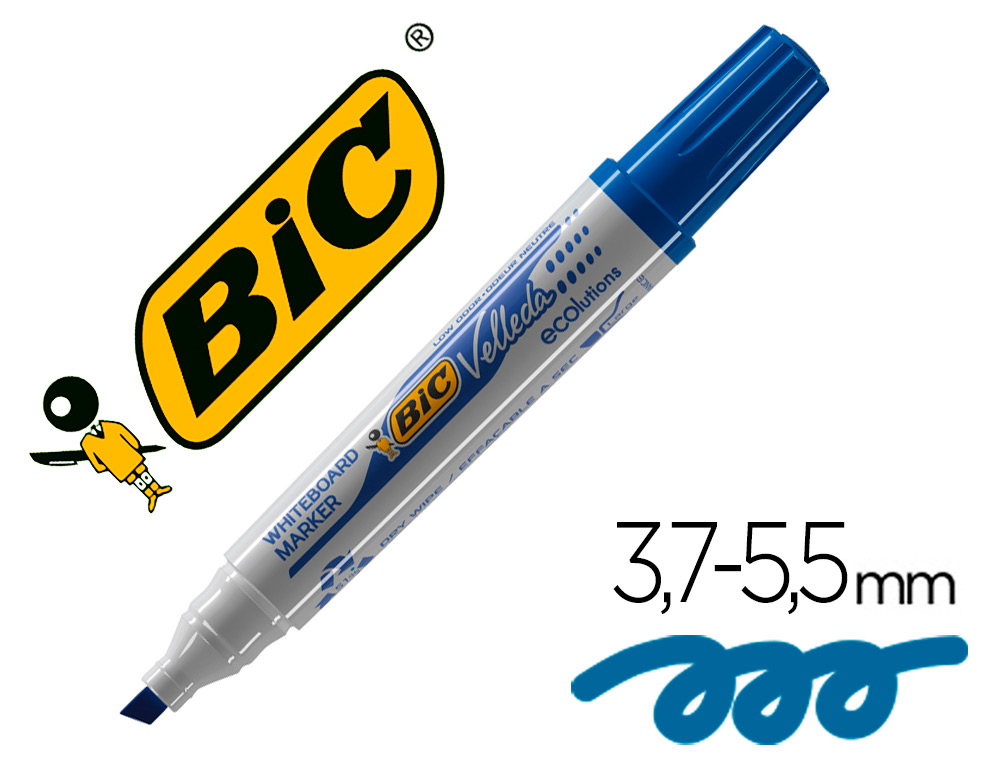 Marqueur bic velleda 1751 effaçable pointe biseautée tracé 2/5mm encre base alcool inodore corps plastique bleu