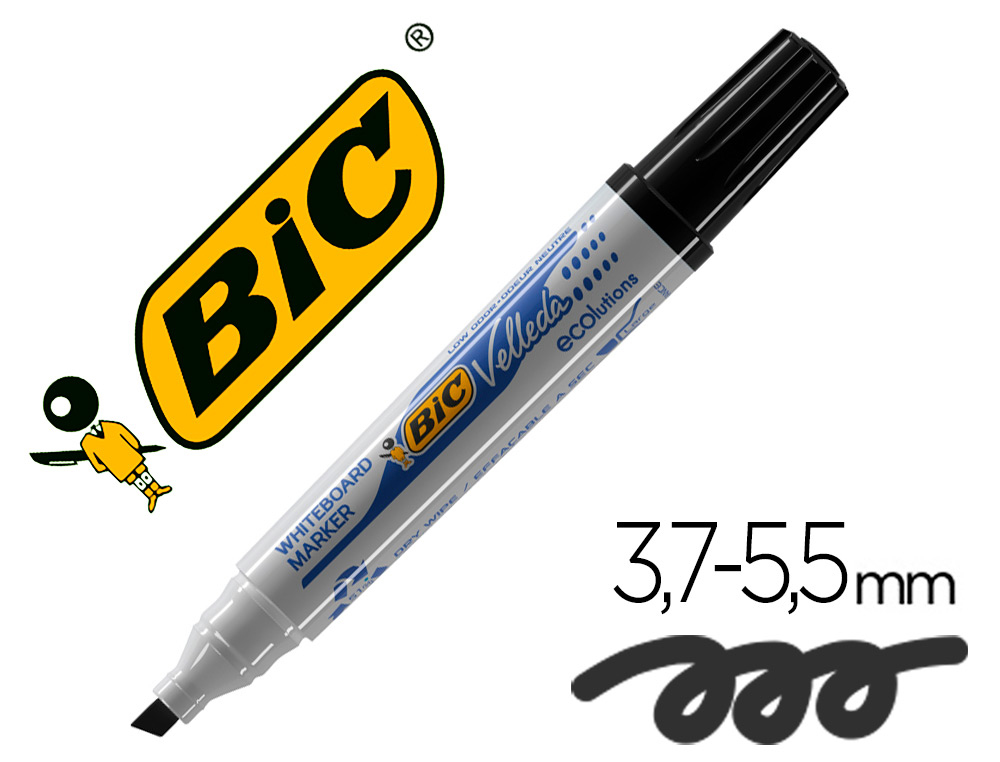 Marqueur bic velleda 1751 effaçable pointe biseautée tracé 2/5mm encre base alcool inodore corps plastique noir