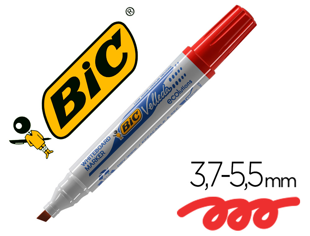 Marqueur bic velleda 1751 effaçable pointe biseautée tracé 2/5mm encre base alcool inodore corps plastique rouge