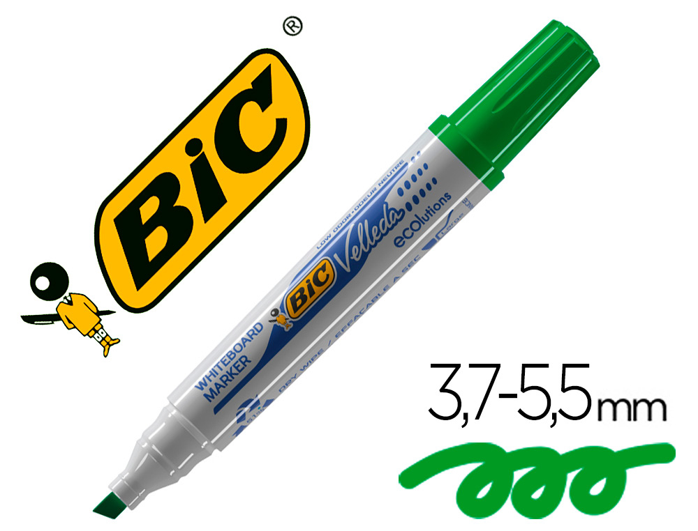 Marqueur bic velleda 1751 effaçable pointe biseautée tracé 2/5mm encre base alcool inodore corps plastique vert