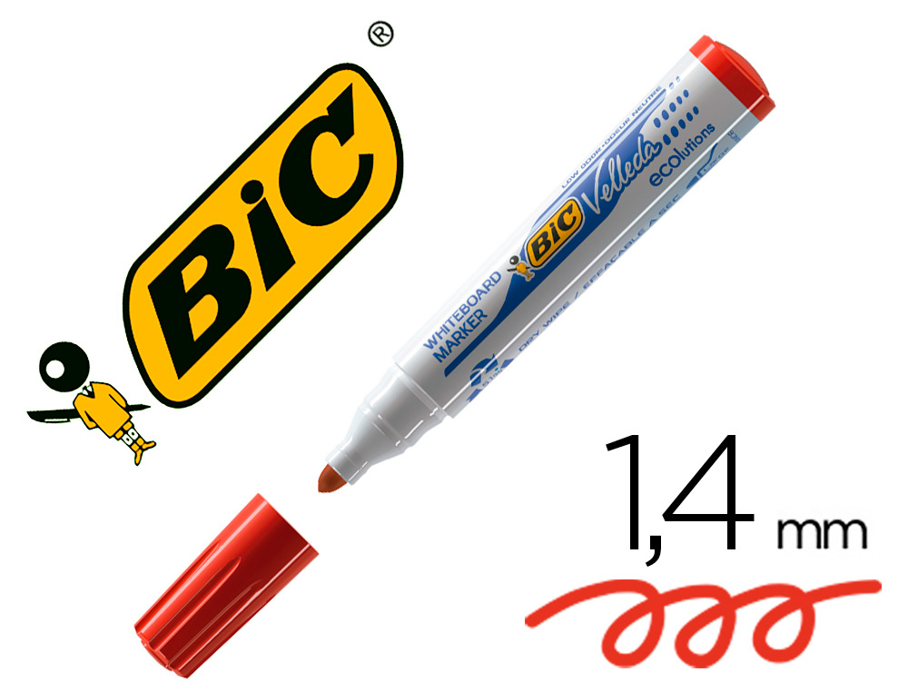 Marqueur bic velleda 1701 effaçable pointe ogive tracé 1.5mm encre base alcool inodore corps plastique rouge
