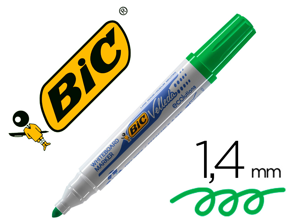 Marqueur bic velleda 1701 effaçable pointe ogive tracé 1.5mm encre base alcool inodore corps plastique vert