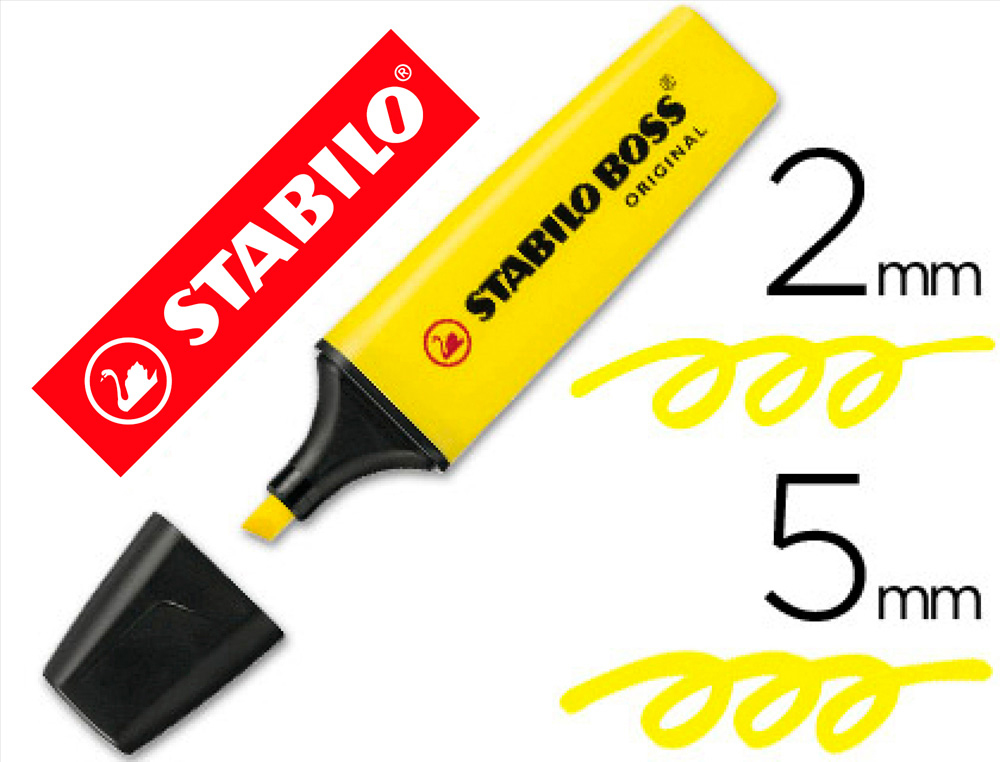 Surligneur stabilo boss tracé 2/5mm pointe biseautée encre universelle base eau résistante lumière coloris jaune