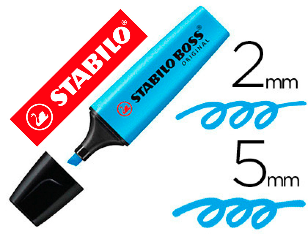 Surligneur stabilo boss tracé 2/5mm pointe biseautée encre universelle base eau résistante lumière coloris bleu