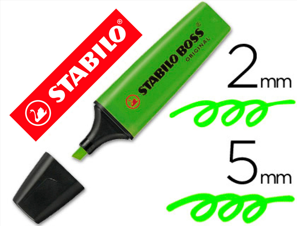 Surligneur stabilo boss tracé 2/5mm pointe biseautée encre universelle base eau résistante lumière coloris vert