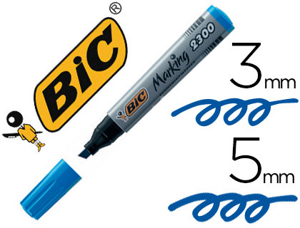 Marqueur bic permanent marking 2300 pointe biseautée tracé 3/5mm corps plastique encre base alcool coloris bleu