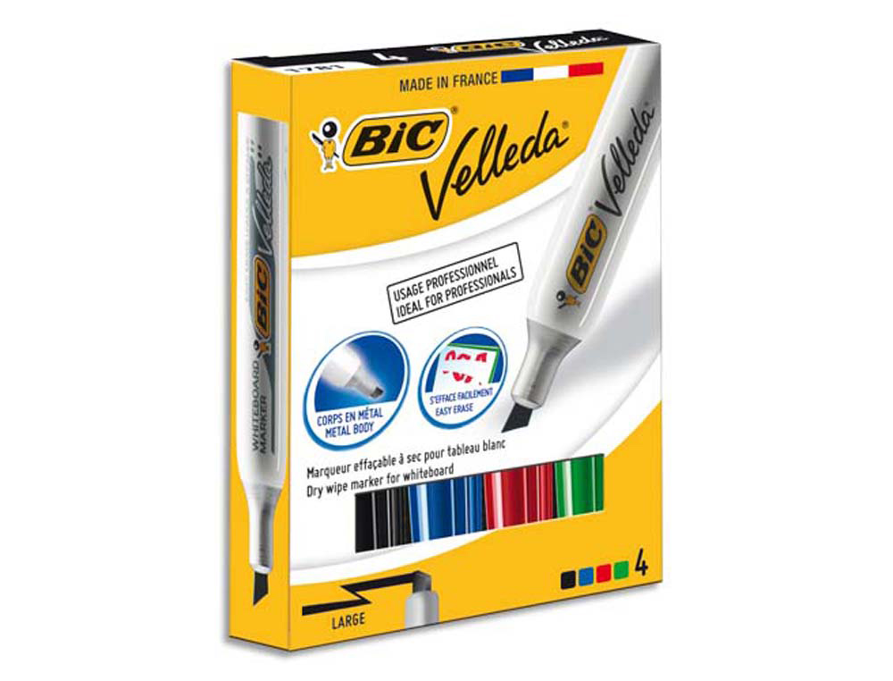 Marqueur bic velleda 1781 effaçable pointe biseautée 2mm écriture 3/5mm encre cétone corps métal coloris assortis 4u