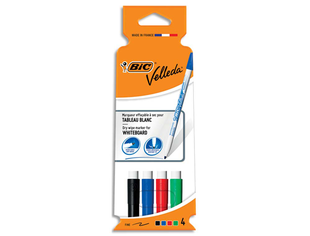 Marqueur bic velleda 1721 effaçable pointe ogive 1mm encre alcool sans odeur corps plastique pochette 4 unités