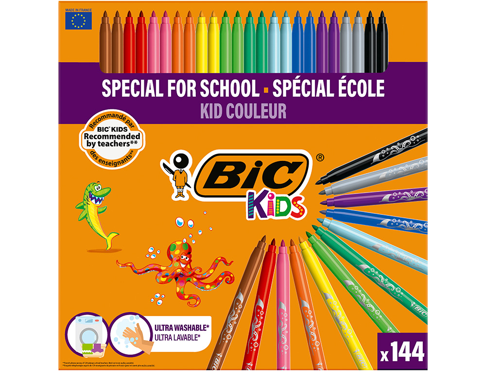 Feutre bic kids coloriage encre ultra-lavable capuchon ventilé pointe bloquée décor fantaisie pack scolaire 144 unités