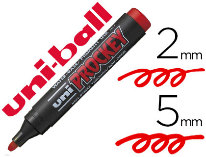 Marqueur uniball uni prockey permanent pointe biseautée tracé 2/5mm encre sans alcool corps plastique coloris rouge
