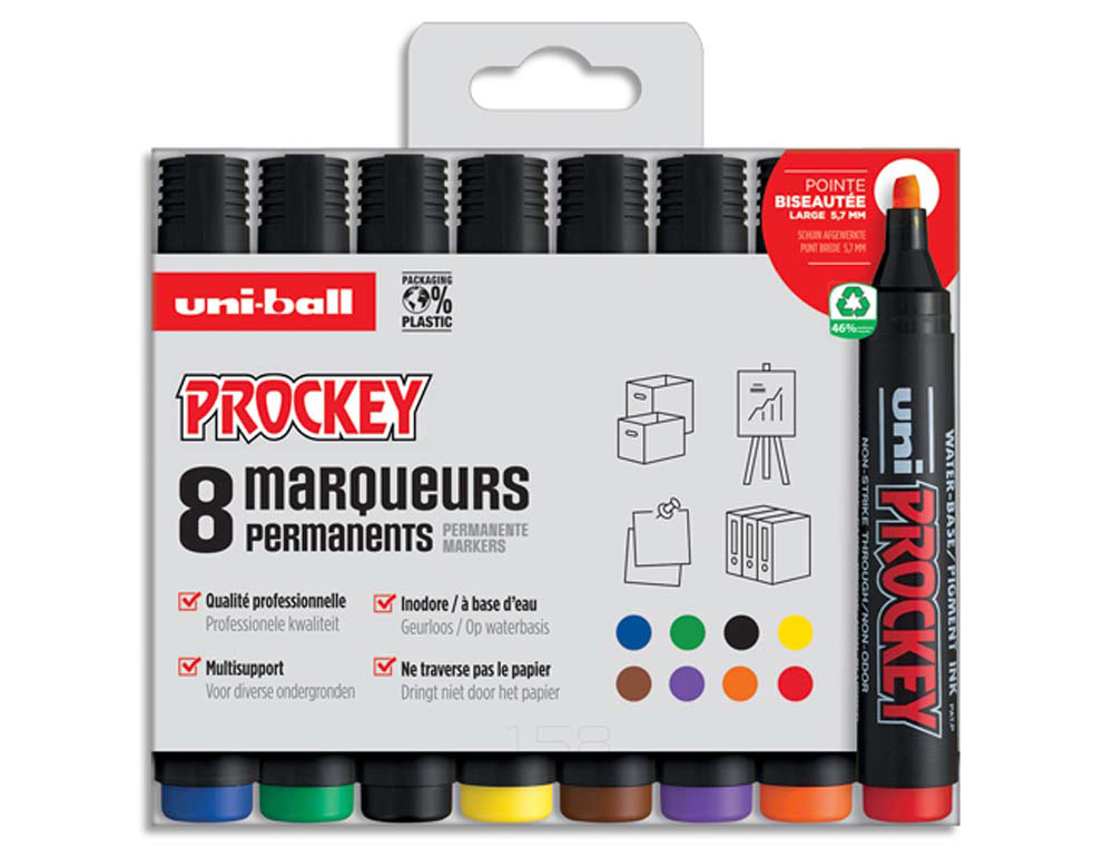 Marqueur uniball uni prockey permanent pointe biseautée tracé 2/5mm encre sans alcool corps plastique pochette 8 unités
