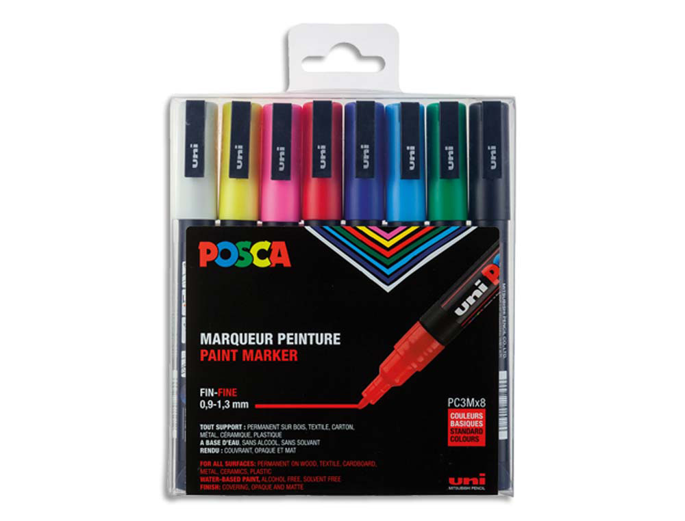 Marqueur posca pc3m gouache encre inodore toutes surfaces pointe fine conique coloris assortis étui 8 unités