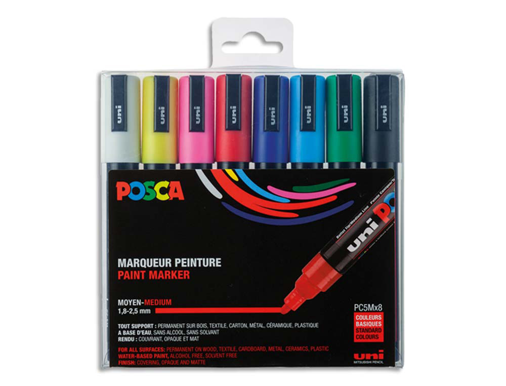 Marqueur posca pc5m gouache encre inodore toutes surfaces pointe moyenne conique coloris assortis étui 8 unités