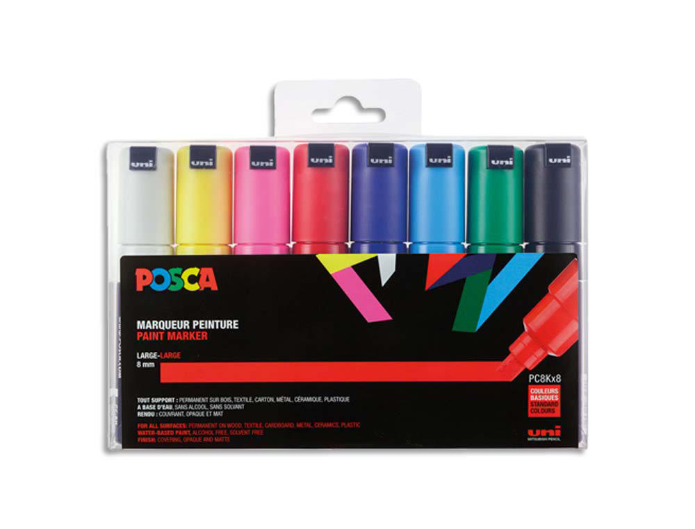 Marqueur posca pc8k gouache encre inodore toutes surfaces pointe large biseautée assortiment étui 8 unités