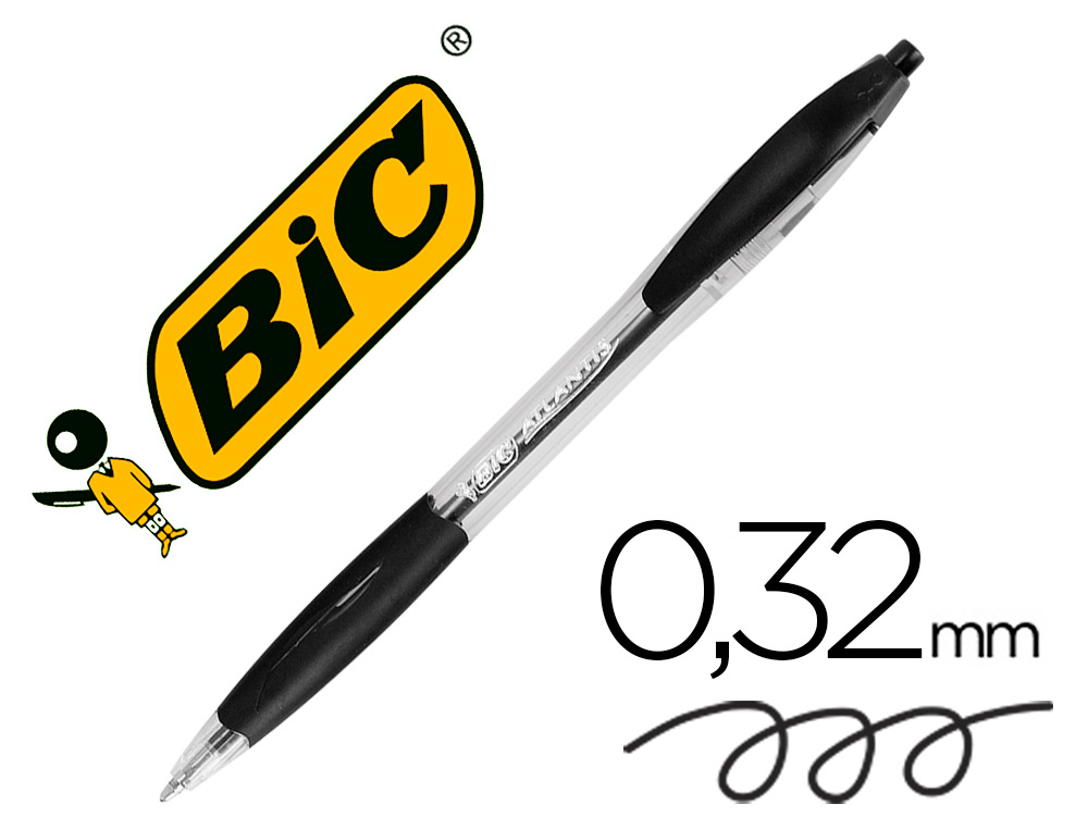 Stylo-bille bic atlantis écriture moyenne 0.5mm encre douce bille réctractable corps cristal clip grip préhension noir
