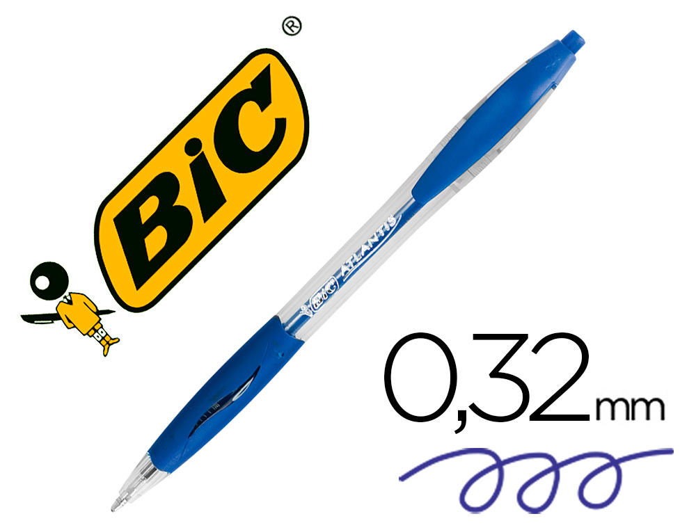 Stylo-bille bic atlantis écriture moyenne 0.5mm encre douce bille réctractable corps cristal clip grip préhension bleu
