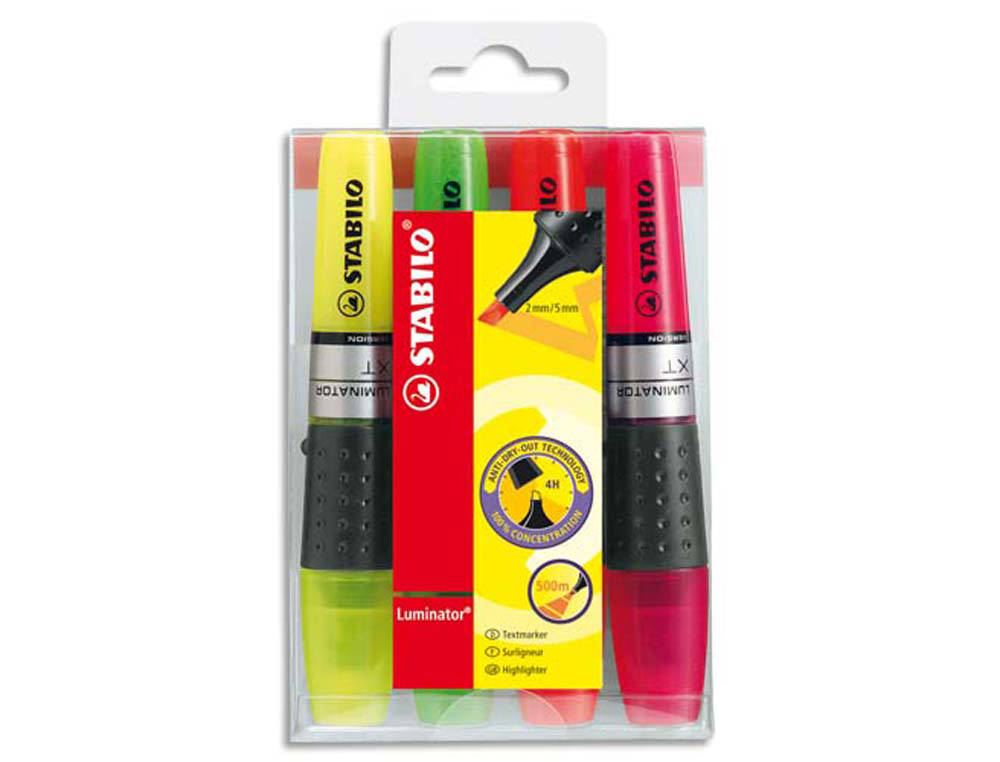 Surligneur stabilo luminator tracé 2/5mm encre liquide niveau visible base ergonomique pochette 4 unités