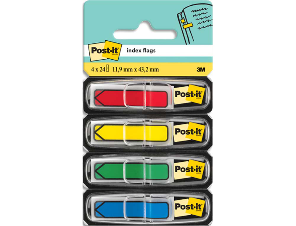 Marque-pages post-it index flèches 12x44mm 96f coloris classiques bleu jaune rouge vert lot 4x24 unités