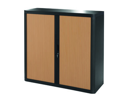 Armoire paperflow easy office 2 tablettes charge 75kg structure noire rideaux 104x110x41,5cm coloris noir/hêtre