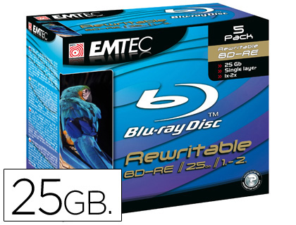 Dvd bd-re emtec inscriptible 25gb vitesse 2x blue ray boîte 5 unités