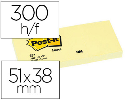 Bloc-notes post-it 653 51x38mm 100f/bloc repositionnables coloris jaune étui 3 blocs