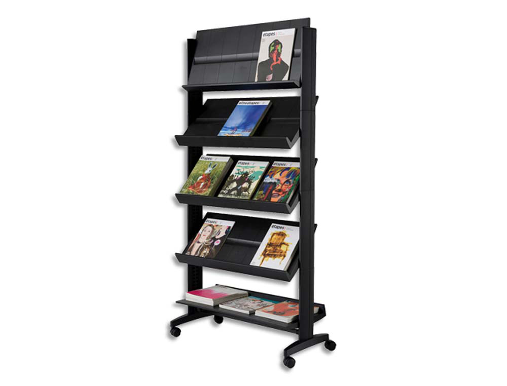 Présentoir paperflow mobile métallique polystyrène large 5 tablettes 4 roulettes rebord 4cm 167.5x85.5x38.5cm