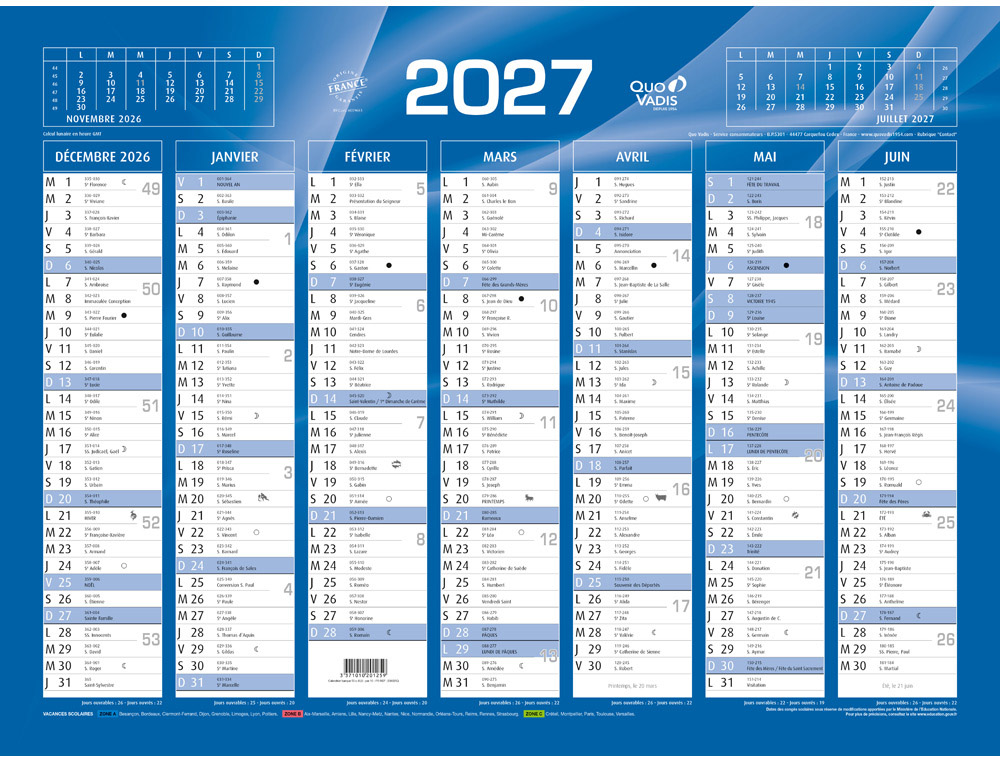 Calendrier banque quo vadis format xl 550x405mm bleu