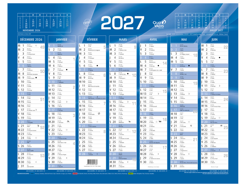 Calendrier banque quo vadis 43x33,5 cm fr bleu
