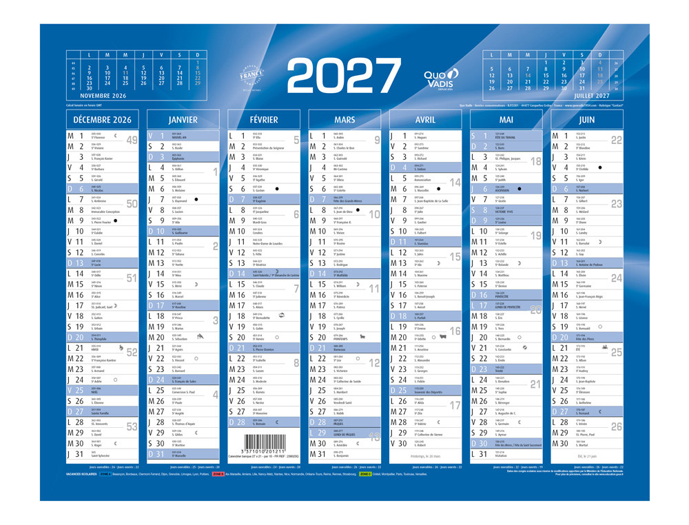 151606g-1.jpg Calendrier banque quo vadis 27x21 cm fr bleu – Image 1