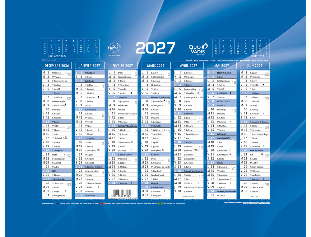 Calendrier banque quo vadis 18x13,5 cm fr bleu