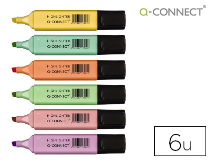 Surligneur q-connect pastel tracé 2/5mm pointe biseautée pochette 6 unités coloris jaune rose orange vert bleu violet