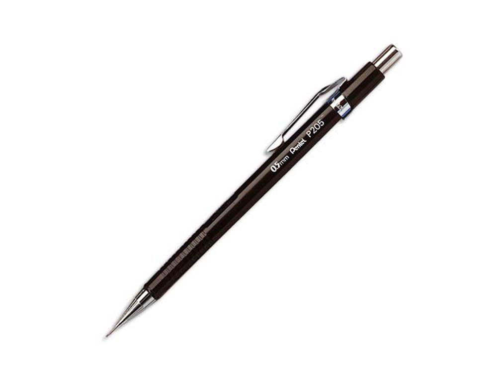 Porte-mine pentel p200 0.5mm embout et agrafe métalliques canon fixe longueur 4 mm gomme rechargeable corps noir
